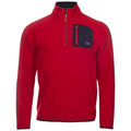 A red long-sleeved pullover features a half-zip collar and a contrasting black chest pocket with a zipper displaying the letters CK in white.