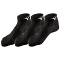 Three pairs of black athletic socks are displayed with a textured surface and a white logo on the side resting against a plain white background.