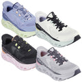 Four pairs of Skechers shoes displayed together showcasing different colors and designs. Each shoe features a cushioned sole and a sporty appearance suitable for casual or athletic wear.