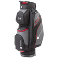 A golf bag stands upright featuring multiple compartments for storage and a unique design with gray and black colors accented by red. It showcases branding elements on its surface.