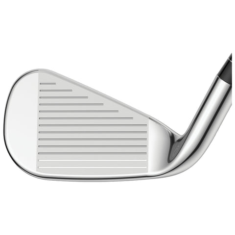 A golf club head is positioned at an angle showing its shiny face with grooves designed for grip on the ball in a neutral or indoor background.