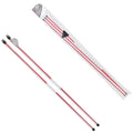 Two red and white hiking poles are displayed vertically next to their packaging. The poles have rubber tips at the bottom and a triangular label at the top, indicating new conditions.