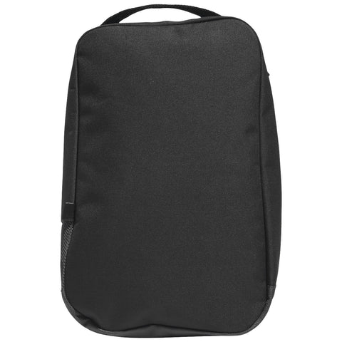 A black backpack stands upright with a flat design featuring a top handle and a side mesh pocket blending into a plain background, suggesting minimalism and functionality.