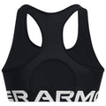 A black sports bra features a racerback design and a wide band with white lettering along the bottom. The fabric appears smooth and elastic, suitable for athletic activities.