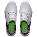 Two white sneakers are displayed with green insoles and red accents. The shoes feature a breathable upper with perforations and a wide sole suitable for athletic use.