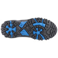 A black shoe sole with rugged tread features blue accents for traction is positioned upwards revealing its textured surface and design suitable for outdoor activities and varying terrains.