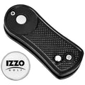 A black golf divot tool with a textured grip is displayed alongside a round white ball marker featuring the text IZZO GOLF. The tool includes a metal pivot and a hole for convenience.