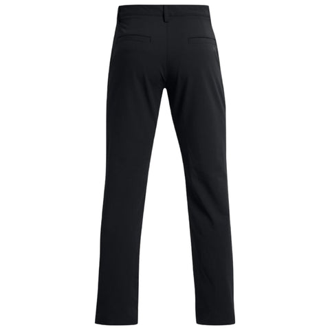 Black pants are displayed standing upright with the back view visible pockets are present on the rear sides showcasing a sleek and simple design suitable for casual or formal wear