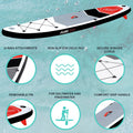 A paddleboard floats on clear water while annotations highlight features like D-ring attachments, a non-slip deck pad, secure bungee cords, and a comfort grip handle, suitable for saltwater and freshwater.