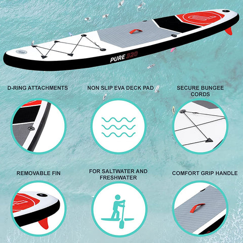 A paddleboard floats on clear water while annotations highlight features like D-ring attachments, a non-slip deck pad, secure bungee cords, and a comfort grip handle, suitable for saltwater and freshwater.