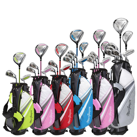 A collection of golf clubs and bags are arranged in a row vibrant bags in pink red blue and green hold metal clubs with shiny heads and grips visible against a plain background