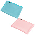 Two rectangular pouches are neatly displayed. The top pouch is aqua blue with white polka dots while the bottom pouch is soft pink with similar polka dots. Both appear to be fabric.