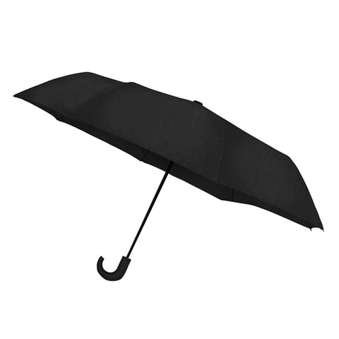 A black umbrella is opened and positioned upright showcasing its large canopy ready to provide shelter from rain or sun in various outdoor environments.