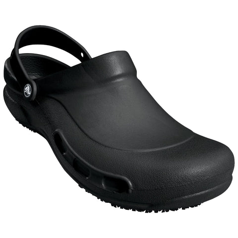 A black clog is displayed with a rounded front and back strap. It rests on a plain background, designed for comfort and easy wear, common in casual or work environments.