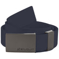 A dark blue belt is coiled with a sleek metal buckle featuring a logo. It rests on a plain background, emphasizing its design and texture.