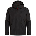 A black waterproof jacket is displayed featuring a hood zippers and red highlights designed for outdoor activities in various weather conditions. It has a sleek and functional design.