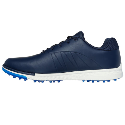 A navy golf shoe is prominently displayed facing right featuring a smooth texture and spiked sole designed for grip on the golf course with a white midsole for contrast and support