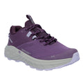 A purple athletic shoe is positioned prominently showcasing its textured upper and cushioned sole designed for dry outdoor terrain providing support and stability for runners or hikers.