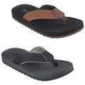 Two pairs of flip-flops are displayed one above the other. The top pair features a brown strap with a black sole while the bottom pair has a black strap with a gray sole