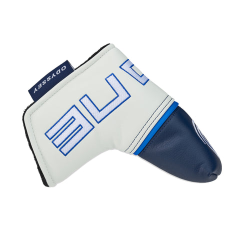 A golf putter cover is prominently displayed with a white surface featuring blue and navy accents and the word "Odyssey" on the tag designed to protect the putter from damage.