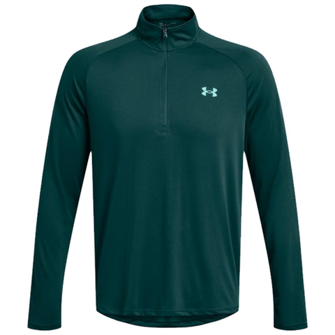 A long-sleeve dark green athletic pullover with a quarter zip appears front-facing featuring a small logo on the upper left side suitable for sports or casual wear.