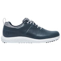 A dark gray golf shoe with a smooth surface and perforations features white laces and a contrasting white sole designed for traction on golf courses.