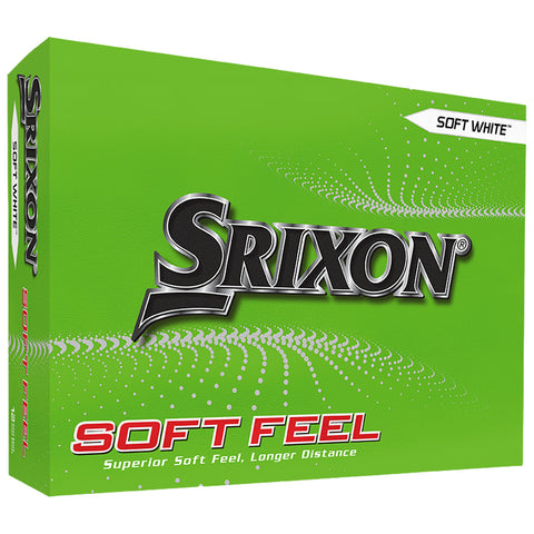 A green box labeled Srixon contains golf balls designed for a soft feel and longer distance highlighting quality features with the phrase superior soft feel longer distance