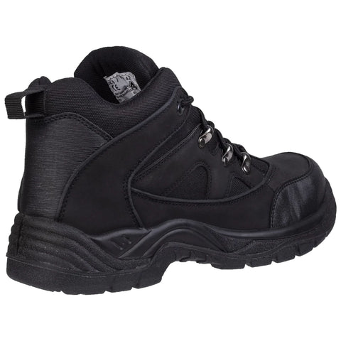 A black ankle-height boot is positioned upright showcasing a rugged sole and lacing system designed for support and traction ideal for outdoor activities against a plain white background.