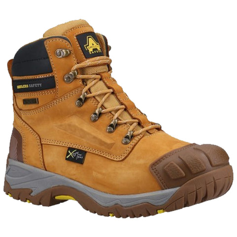 A safety boot features a sturdy tan leather exterior with metal eyelets and laces for securing. It has a reinforced toe cap and rugged sole designed for work environments.