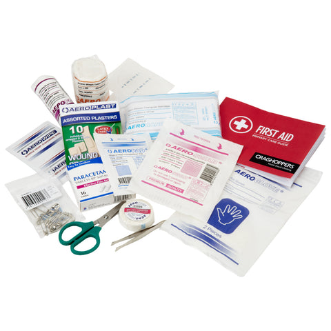 A first aid kit contains assorted medical supplies including plasters bandages scissors swabs gloves and a care guide scattered on a neutral background ready for use in emergencies.