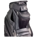 A sleek black golf bag features multiple compartments and zippers. It is designed for carrying golf clubs and accessories, showcasing a modern aesthetic suitable for golfers on the course.