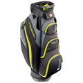 A golf bag stands upright featuring multiple zippered compartments and a vibrant design with gray and neon green accents showcasing a modern style intended for carrying golf equipment.