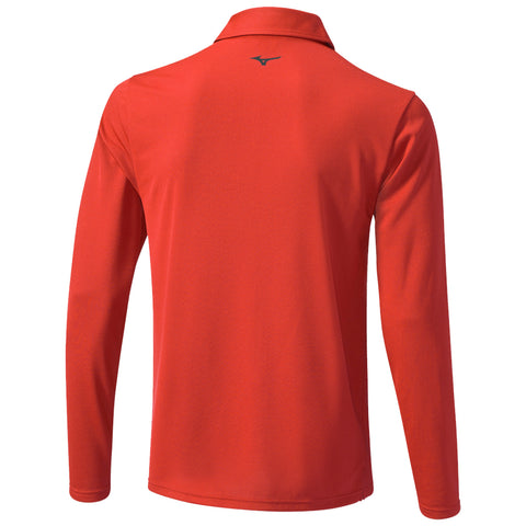 A long-sleeved red polo shirt is displayed from the back with a collar and a small logo on the upper back, showcasing a simple and contemporary design.