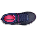 A navy sneaker with pink accents is displayed from above featuring a smooth texture and a lace-up design set against a white background. The brand name Skechers is visible on the shoe.