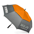 A large umbrella is opened with alternating gray and orange panels providing shade while displaying the text aqua UV-PROTECTION and BIG MAX. It stands ready for use outdoors.