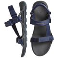 A pair of navy blue sandals features adjustable straps and a sturdy sole designed for outdoor activities. They are displayed on a neutral background.