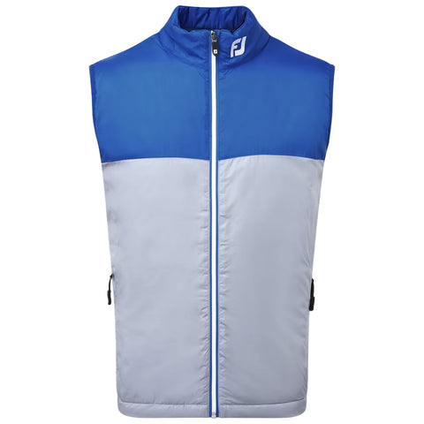 A sleeveless vest is displayed featuring a blue upper portion and a gray lower section with a front zipper and side pockets designed for outdoor wear and activity.