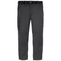 Black cargo pants hang vertically featuring a belt and a side pocket designed for outdoor activities in various environments such as hiking or casual wear.