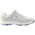 A gray and white golf shoe with blue accents is displayed. It features a waterproof design and a textured sole for traction, typically used on golf courses.