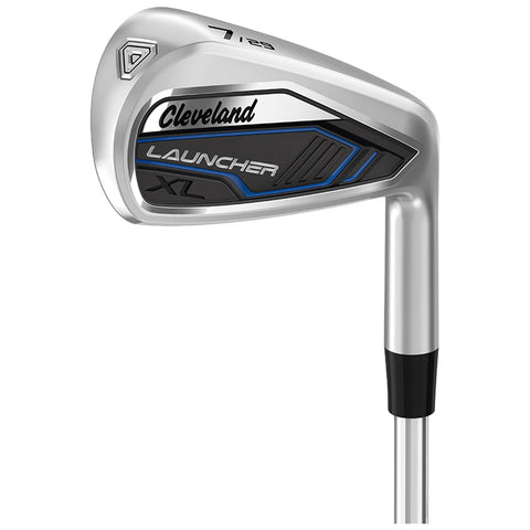 A golf club, specifically a Cleveland Launcher XL 7-iron, is displayed with a shiny silver head and a black rubber grip, suitable for usage on a golf course.