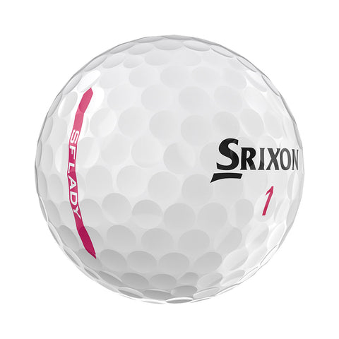 A Srixon golf ball rests prominently with a white surface featuring a dimpled texture and the markings SF LADY and the number 1 in black and pink against a plain background.