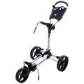 A golf push cart with three wheels is stationary with a long handle featuring a control panel for easy maneuvering on the golf course designed for transporting golf clubs and equipment.