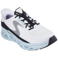 A running shoe features a white mesh upper and a thick multi-tone sole with a distinctive design It is positioned against a plain background suggesting a focus on athletic footwear