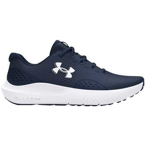 A navy blue athletic shoe with a mesh upper features white branding and a cushioned sole designed for comfort and support during running or workouts. It is shown from a side view.