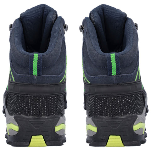 High-top athletic shoes display thick soles and a dark blue upper with green accents. They are positioned upright against a plain background, showcasing their design and structure.