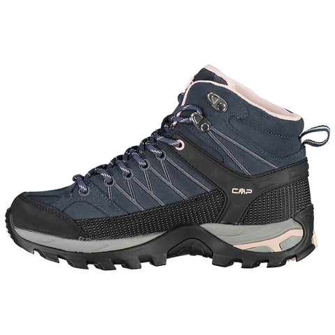 A dark blue hiking boot featuring a reinforced sole and mesh fabric is positioned upright showcasing its rugged design and durable materials ideal for outdoor activities.