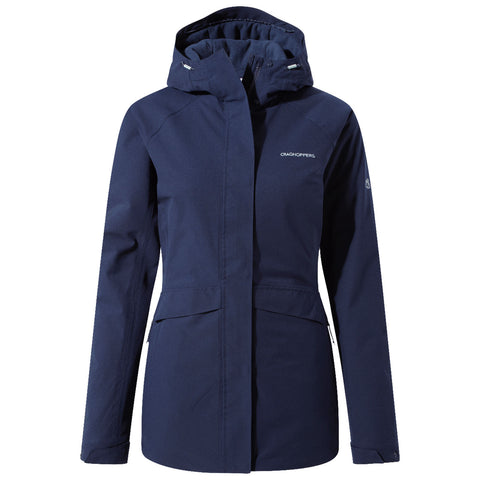 A navy blue jacket is displayed hanging upright with a hood visible and features a zippered front and pockets suggesting it is designed for outdoor use in cool weather.