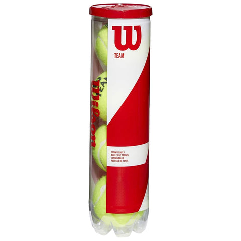 A cylindrical clear container holds three bright yellow tennis balls labeled TEAM with a red and white design indicating the brand Wilson situated against a plain background.