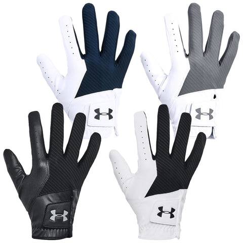 Four golf gloves are displayed with varied color patterns including black white gray and navy Each glove features a snug fit and a logo on the wrist area