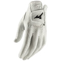 A white golf glove is positioned with fingers extended showcasing its smooth leather texture and perforations for breathability resting on a plain background ready for use in a game.